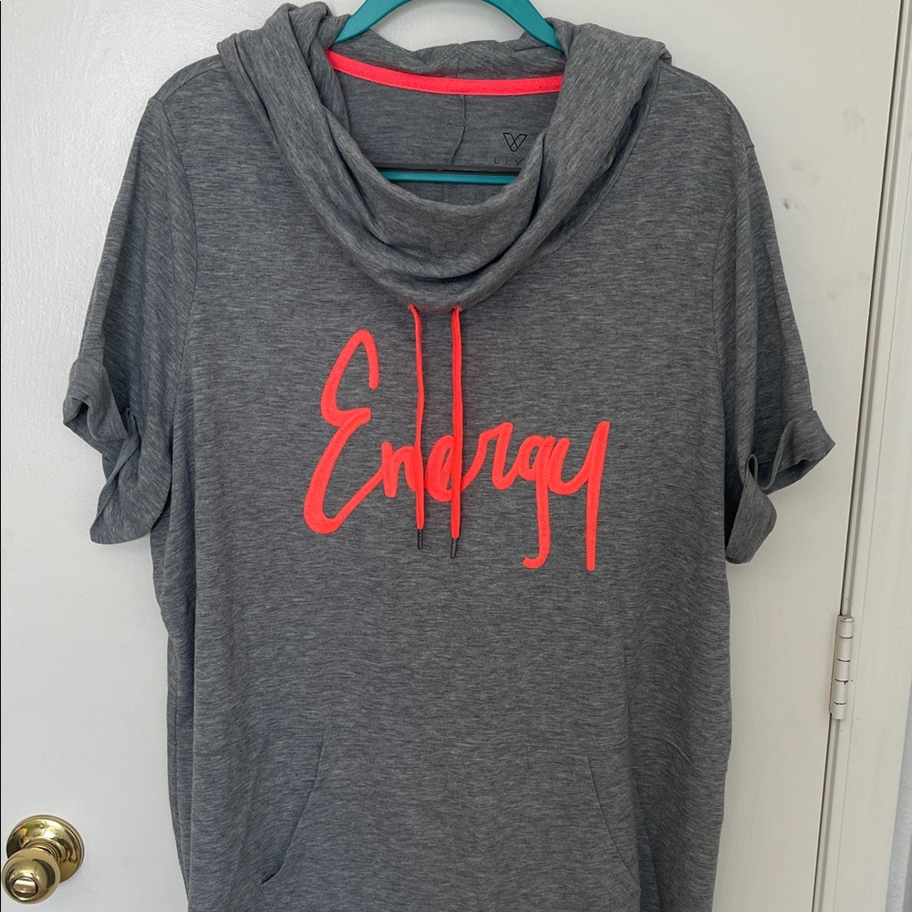 Gray cowl neck with Neon Pink Script